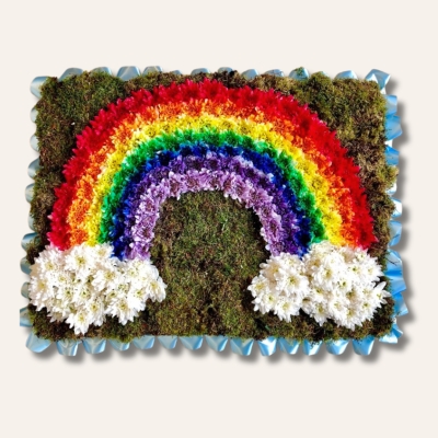 Rainbow-shaped funeral tribute made with red, orange, yellow, green, blue, purple, and pink sprayed chrysanthemums, finished with white cloud detailing, moss backing, and a ribbon edge, measuring approximately 36 inches by 24 inches.
