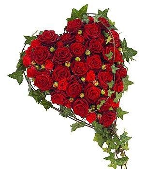 Classic red rose heart-shaped funeral tribute with ivy foliage collar and accents.
