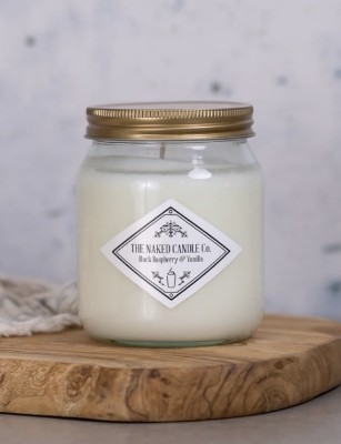The Naked Candle Co Black Raspberry & Vanilla soy candle with sweet berry, vanilla and soft musk notes.