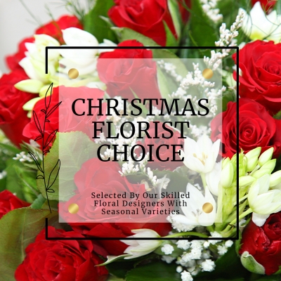 Hand-tied Christmas florist choice bouquet with mixed festive seasonal flowers in a signature gift bag.