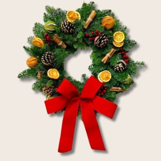 Traditional fresh foliage door wreath with pinecones, cinnamon and fruit slices all finished with a luxury red velvet bow. 