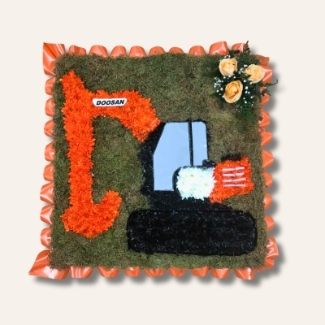 Doosan digger-shaped funeral tribute on a 2ft x 2ft moss base, created with bright orange chrysanthemum, printed detailing and ribbon edge.