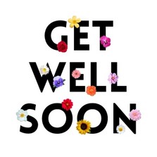 Get Well Soon card with bold black text decorated with colourful flower graphics.