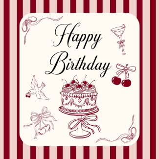 Stylish retro Happy Birthday card with red striped border, vintage cake and cherry-themed graphics.