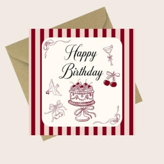 Stylish retro Happy Birthday card with red striped border, vintage cake and cherry-themed graphics.