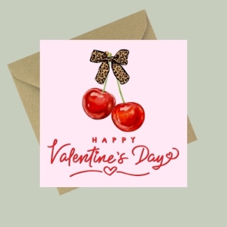 Valentine’s Day card with cherry design and leopard print bow, designed in house and hand written for a personal touch. 