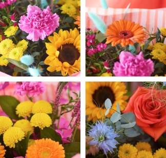 Bright colourful summer bouquet with florist’s choice seasonal florals in orange pink and yellow tones by Flowers by Bethany Leigh florist