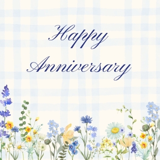 Purple Happy Anniversary card with a floral and heart-shaped wreath design.