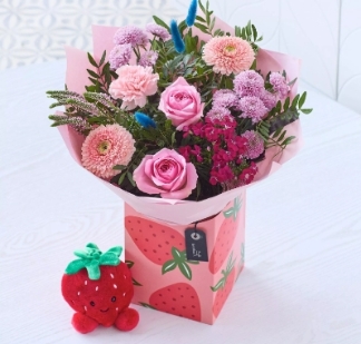 Pink florist’s choice seasonal floral gift set in strawberry gift box with strawberry plush by Flowers by Bethany Leigh florist